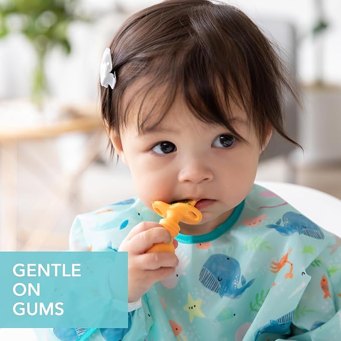 Bumkins Baby Utensils Set, Chewtensils Silicone Spoons for Dipping, Self-Feeding, Baby Led Weaning, Trainer Learning, First Stage Eating, Soft Practice Fork and Spoon, Babies 6 Months, Tangerine