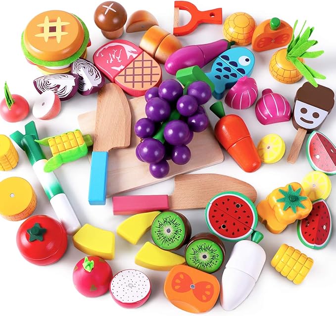 iPlay, iLearn Wooden Play Food Toy, Kids Wood Cutting Magnetic Fruit Vegetables, Toddler Cooking Pretend Play Kitchen Food Set, Montessori Educational Birthday Gift for Age 3 4 5 6 7 Year Old Girl Boy