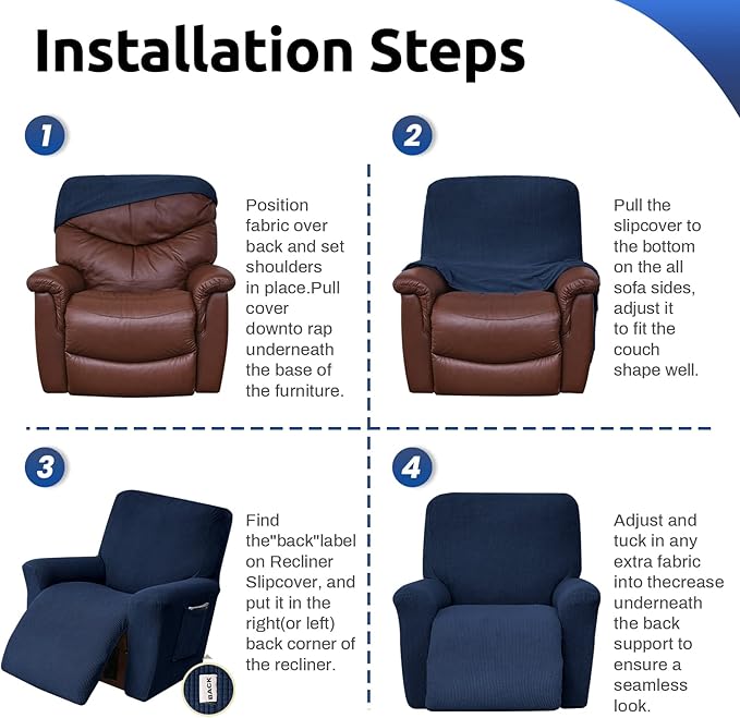 KEKUOU Recliner Chair Covers,Lazy Boy Recliner Covers Stretch Couch Cover Slipcovers 1 Piece Furniture Protector with Elastic Bottom for Dog,Kids.(Recliner, Navy Blue)