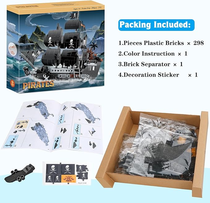 BRICK STORY Pirate Ship Building Sets Pirates Model Kits 298 Pieces Creative Black Ships Building Blocks Toys Gift for Boys Ages 6+, Pirate Themed Boat Collection Toy for Kids & Adult