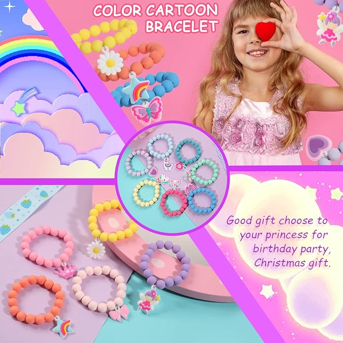 PinkSheep Unicorn Beads Pendant Bracelet for Kid Girl, 6PC, Rainbow Monster Sun Flower Heart Meteor Charm Friendship Bracelet Good Friend Gift