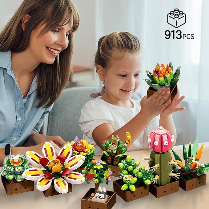 9 Flowers Succulents Botanical Collection Building Set Tiny Succulent Bonsai Plant Toy Compatible with Lego Flowers for Adult Home Décor Ideas Gifts for Boys Girls Women 913 PCS