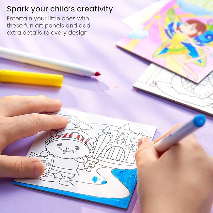 Arteza Kids Fantasy Coloring Kit, 3 Canvases 4 x 4 Inches, 10 Markers, 16 Watercolor Pencils, 1 Paint Brush, 1 Sharpener, Art Set for Kids Activities
