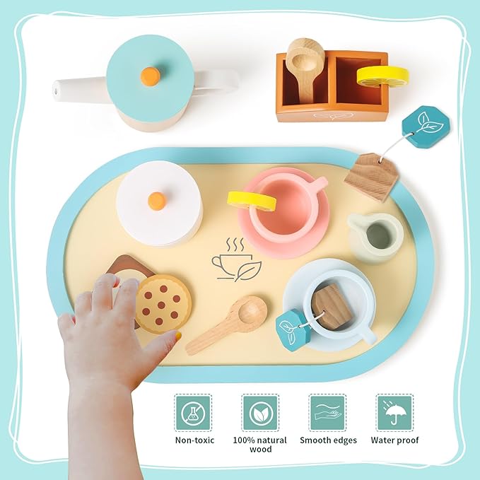 KMUYSL Toys for 2 3 4 5 Years Old, Wooden Tea Toys Pretend Toys for Little Girls, Kitchen Toy, Christmas Stocking Stuffers for Kids Age 2-4, Idea Gift for Toddlers Boys Girls