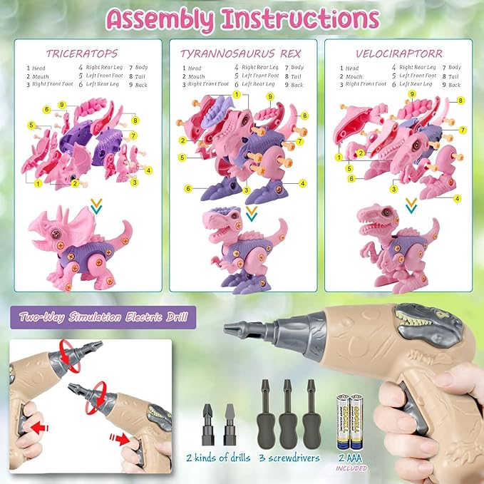 FREE TO FLY Girl Toys Take Apart Dinosaur: Pink Dinosaur Toys for Kids 3-5 5-7 Stem Learning Educational Montessori Toys for 3 4 5 6 7 8 Year Old Girls Toddlers Autism Sensory Xmas Birthday Gifts