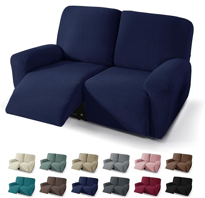 JIVINER 4 Pieces Recliner Loveseat Covers Stretch Recliner Sofa Slipcover with Elastic Bottom Jacquard Fitted Reclining Couch Cover Furniture Protector with Pockets (2 Seater, Navy Blue)