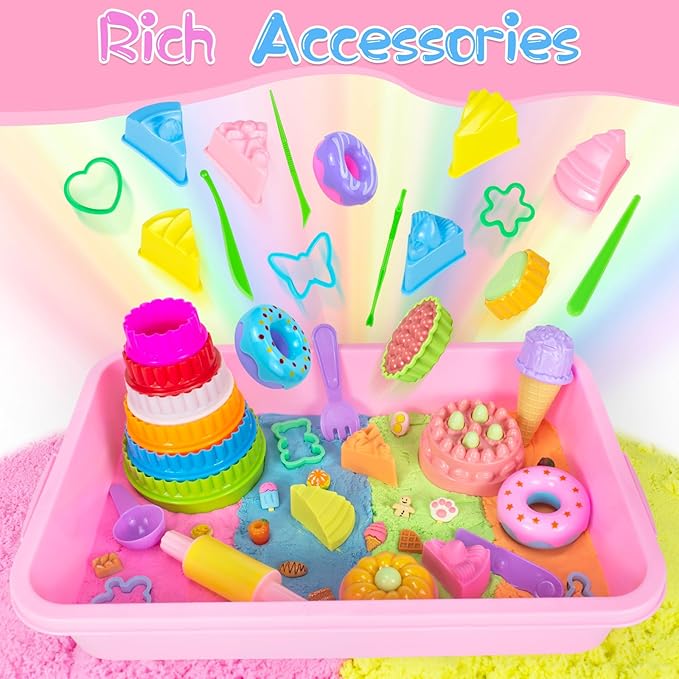 YongnKids Sensory Bin for Girls Kids,54 Pcs Ice Cream Cake Play Sand Art Kit with 2.2lb Color Sands/ 12 Cake Molds/Tools/Sandbox -Fun Sand Toys Birthday for Girls Toddler 3 4 5 6 Years Old