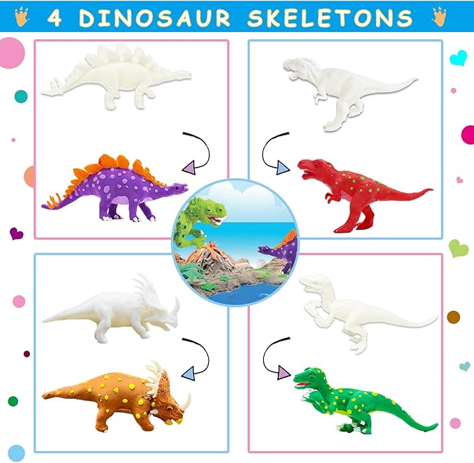 Dinosaurs Air Dry Clay Kit with 4 Dino Skeletons, 18 Colors Modeling Magic Clay with Sculpting Tools, Soft & Ultra Light, Arts and Crafts Gift for Boys & Girls Age 3-12 Year Old