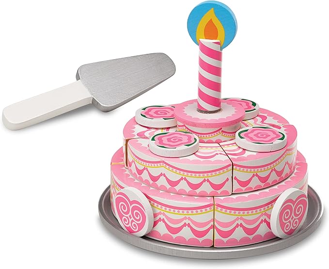Melissa & Doug Triple-Layer Party Cake Wooden Play Food Set - Birthday Cake Pretend Food Play Set For Toddlers, Kids Ages 3+