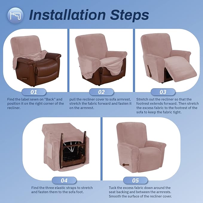 WEERRW Velvet Recliner Chair Cover 1 Piece High Stretch Recliner Couch Cover, Washable Furniture Protector with Non Slip Elastic Bottom for Kids and Pets, Blush Pink