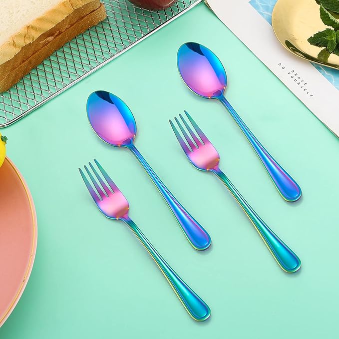 LIANYU 10-Piece Rainbow Children Silverware Set, Kids Forks and Spoons Silverware Set, Stainless Steel Toddler Utensils Flatware, Child Cutlery for Home Preschools, Dishwasher Safe