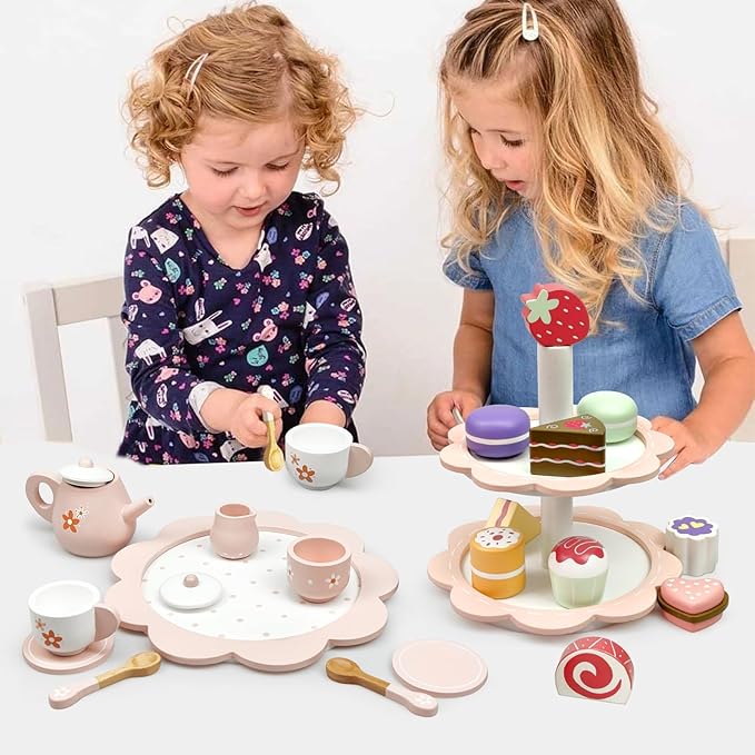 Wooden Tea Party Set for Little Girls, 25Pcs Wooden Tea Set with Play Food Dessert Cakes and Cake Stand for Toddler, Wooden Pretend Play Tea Set Toys for Toddlers 2 3 4 5 6 Years Old Birthday Gift