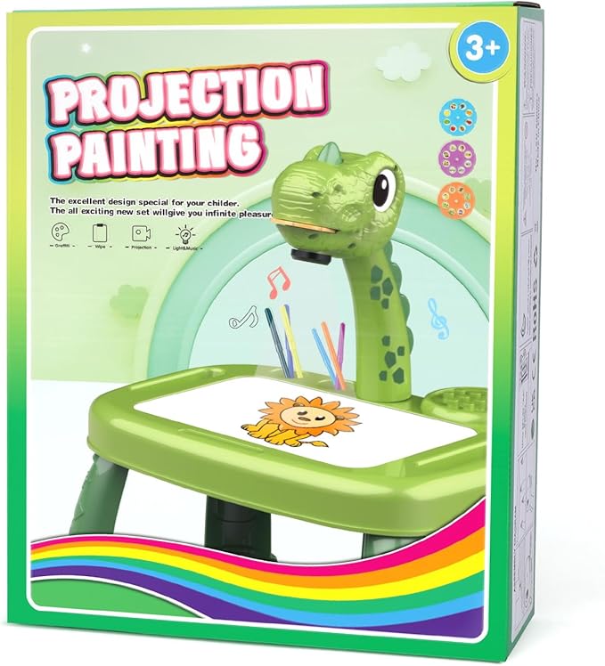 Drawing Projector for Kids, Drawing Board with Music, Color Pens, Pencils, Crayons, Scrapbook, Dinosaur Sticker Book, Ideal Toy for 3+ Year Old Girls & Boys (Dinosaur Kit)
