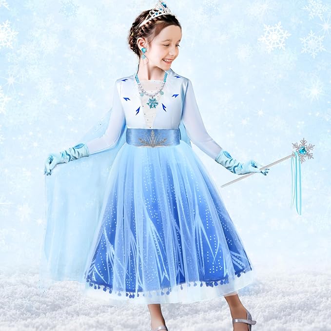 Latocos 13Pcs Elsa Dress Costume for Girls 3-10 Princess Dress Up Clothes for Girls with Accessories Halloween Party