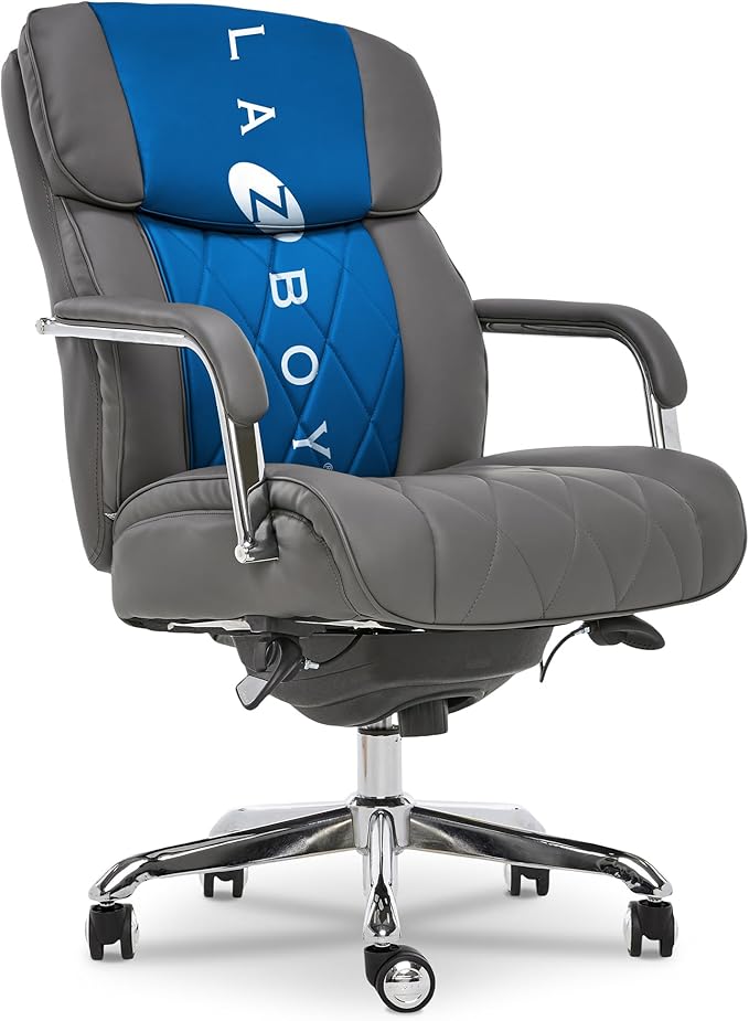 La-Z-Boy Sutherland Quilted Leather Executive Office Chair with Padded Arms, High Back Ergonomic Desk Chair with Lumbar Support, Grey Bonded Leather