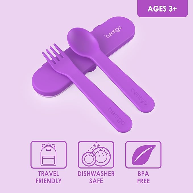 Bentgo Kids Utensil Set - Reusable Plastic Fork, Spoon & Storage Case - BPA-Free Materials, Easy-Grip Handles, Dishwasher Safe - Ideal for School Lunch, Travel, & Outdoors (Purple)