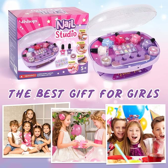Golray Kids Nail Polish Set for Girls, All-in-One Nail Art Kit - Nail Dryer/ Nail Polish/ Glitter Powder/ False Nails/ Nail Decals/ Toe Separator/File, Age 3-12 Little Girl Gift Toys