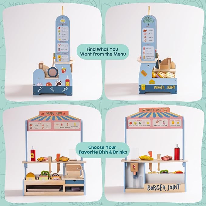ROBUD Pretend Play Food Toys for Kids Toddlers, Wooden Kitchen Food Sets for Boys Girls - Sandwich Counter with Deli Slicer