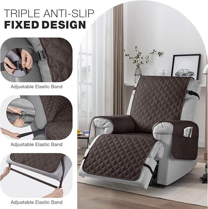 TAOCOCO Waterproof Recliner Chair Covers with Leg Strap 1 Piece Oversized Recliner Covers for Large Recliner for Pets Kids, Washable Reclining Chair Furniture Protector(28'' Oversized, Chocolate)