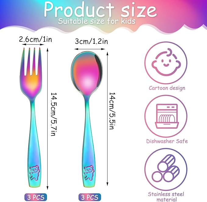 Pimoys 6 Pieces Rainbow Kids Silverware Stainless Steel Child and Toddler Utensils, Children's Safe Flatware Metal Cutlery Set Includes 2 Children Knives, 2 Forks & 2 Spoons