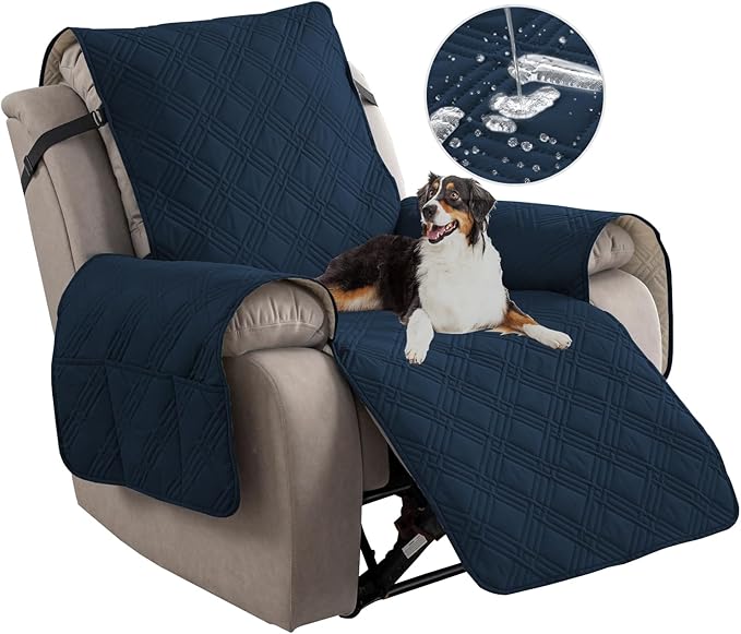 Easehomey 100% Waterproof Recliner Chair Covers, Non Slip Dog Chair Cover Furniture Protector Washable Chair Cover with Pocket, Elastic Straps for Kids,Pets,Dogs (Dark Blue, 23.6")
