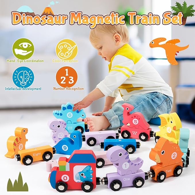 Toddler Boy Toys Age 1-3, Dinosaur Toy Wooden Magnetic Train Set with Playmat/Storage Bag for Baby Boy Birthday, Montessori Educational Toys for 1 2 3 Years Old Boys & Girls