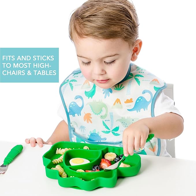 Bumkins Toddler and Baby Suction Plate, Silicone Divided Grip Dish, Babies and Kids, Baby Led Weaning, Children Feeding Supplies, Non Skid Sticky Bottom, Platinum Silicone, Ages 6 Months Up, Dinosaur