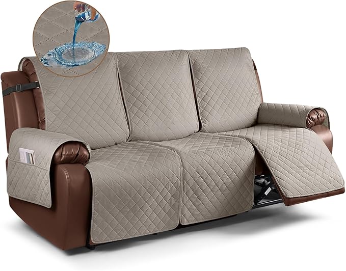 KinCam Waterproof Recliner Sofa Cover, Non-Slip Reclining Couch Covers for 3 Seat, Recliner Couch Cover Furniture Protector with Elastic Straps for Pets, Kids, Khaki