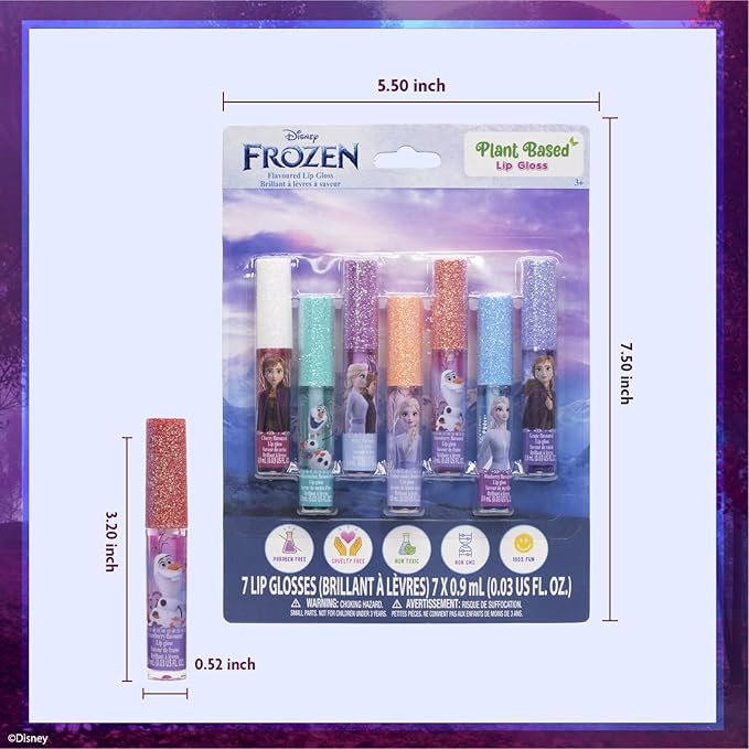 Disney Frozen 7 Piece Plant Based Lip Gloss, Girls Party Favors, First Makeup Set for Girl, Perfect for Parties, Sleepovers, and Birthday Gifts, Ages 3+, by Townley Girl