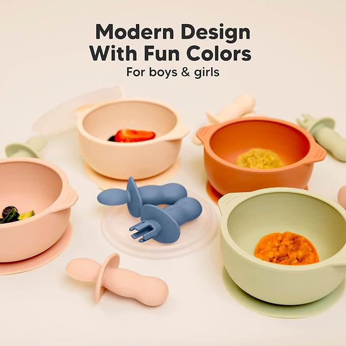 KeaBabies 4-Pack Silicone Baby Spoons and Forks Set - Baby Spoon Self Feeding, BLW Baby Utensils 6-12 Months, Baby Led Weaning Feeding Spoon, Teething Infant Baby First Food Training Pre Spoon(Slate)