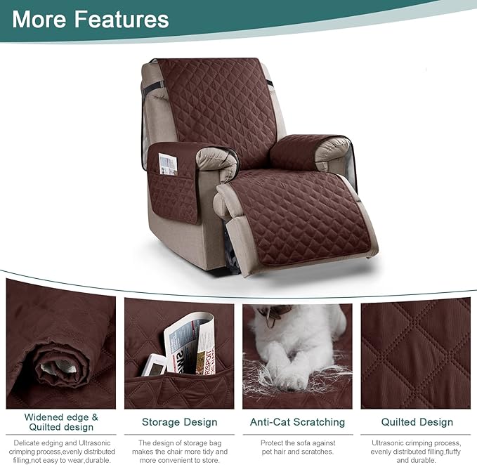 Ruaozz 100% Waterproof Recliner Chair Cover Non-Slip Oversized Reclining Cover for Large Recliner Chair Washable Chair Seat Cover with Elastic Straps for Kids, Dogs, Pets (Coffee, 28'')
