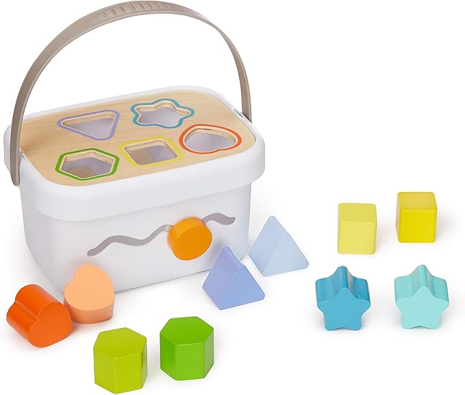 Amazon Basics Wooden Shape Sorter and Rainbow Stacker Classic Baby Toy Set-Sorting Play For Infants Age 12M+, Medium, Multicolor