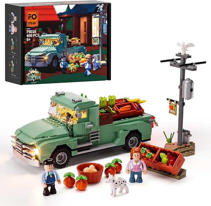 FUNWHOLE Retro Farm Truck LED Light Building Model Set - 499 Pcs Construction Bricks for Adults and Teens
