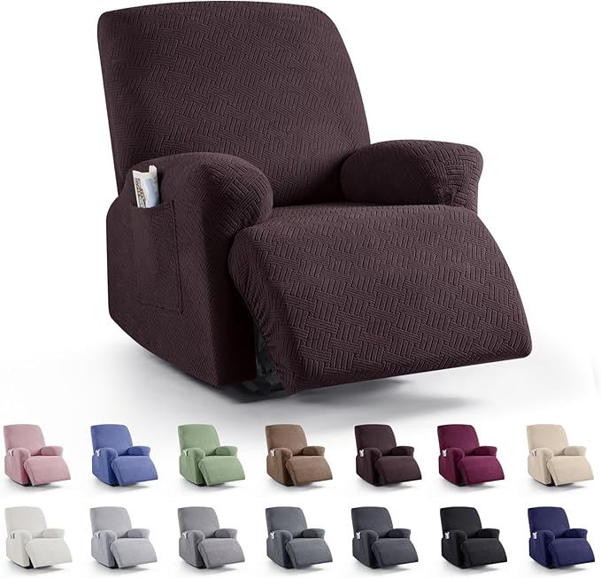 KinCam Recliner Covers, Stretch Reclining Chair Covers, Recliner Sofa Slipcovers Stripe Jacquard Recliner Couch Covers Furniture Protector Covers for Pet Kid (1 Seater, Chocolate)