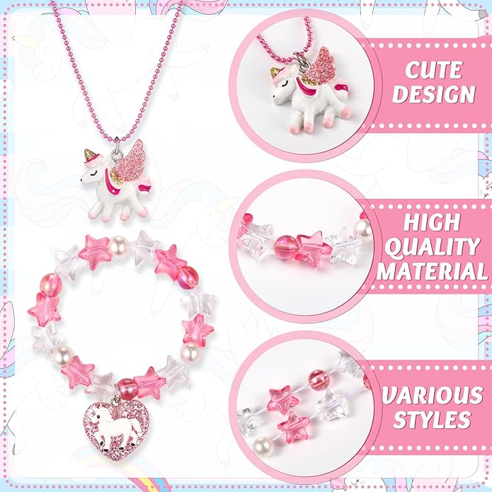 Bonuci 12 Pcs little Girls Jewelry Kids Necklaces and Bracelets Set Kids Jewelry for Girls Christmas Gift Cute Charm Toddler Bracelets for Pretend Play Dress Up Party Favors