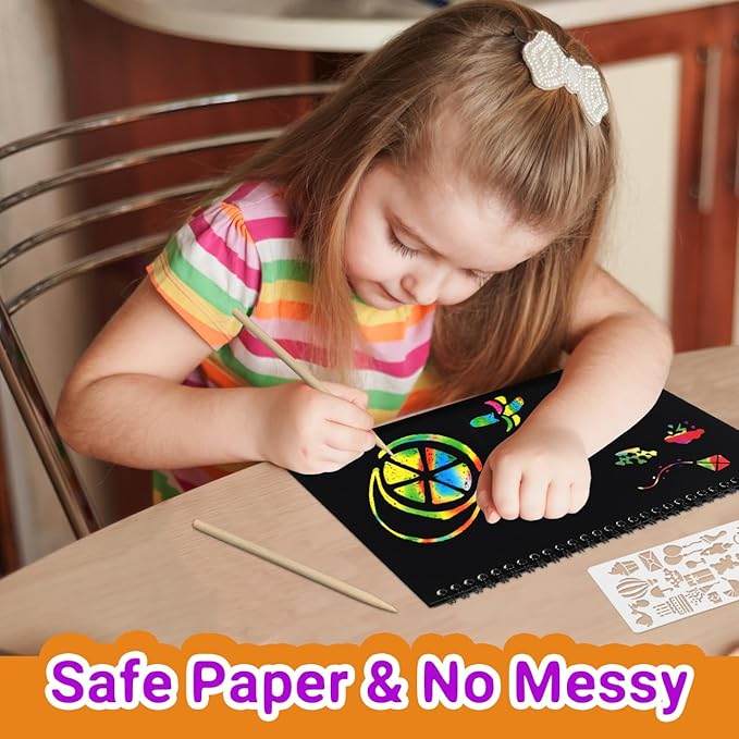 pigipigi Rainbow Scratch Paper for Kids - 2 Pack Large Scratch Off Notebooks Arts Crafts Supplies Kits Drawing Paper Black Magic Sheets Scratch Pad Activity Toy for Girls Boys Christmas Birthday Gift