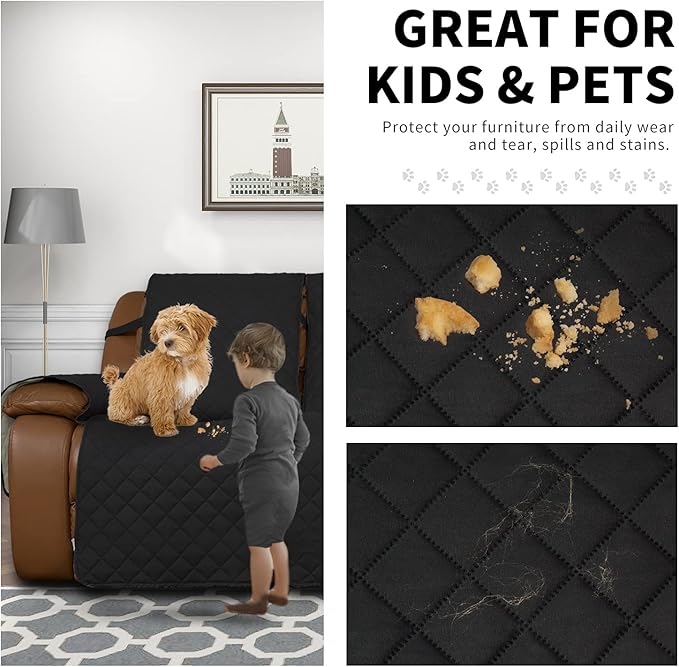 Easy-Going Recliner Sofa Cover, Reversible Couch Cover for 3 Seat Recliner, Split Sofa Cover for Each Seat, Furniture Protector with Elastic Straps for Kids, Dogs, Pets(3 Seater, Black/Beige)