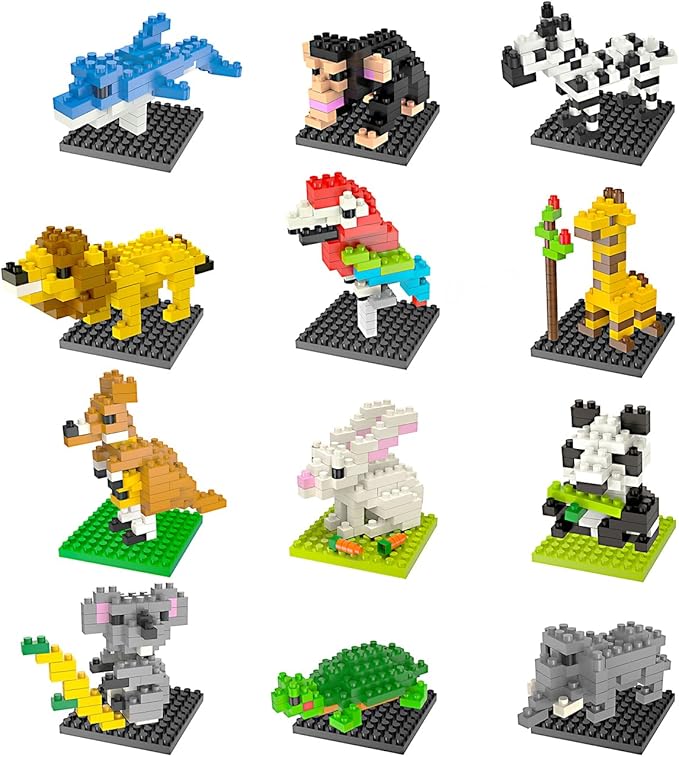 FUN LITTLE TOYS Party Favor for Kids, Mini Animals Building Blocks Sets Goodie Bags Stuffers for Kid, Small Toy Prizes, 12Pack Birthday Party Favor Valentines Gifts for Kids Class Prize