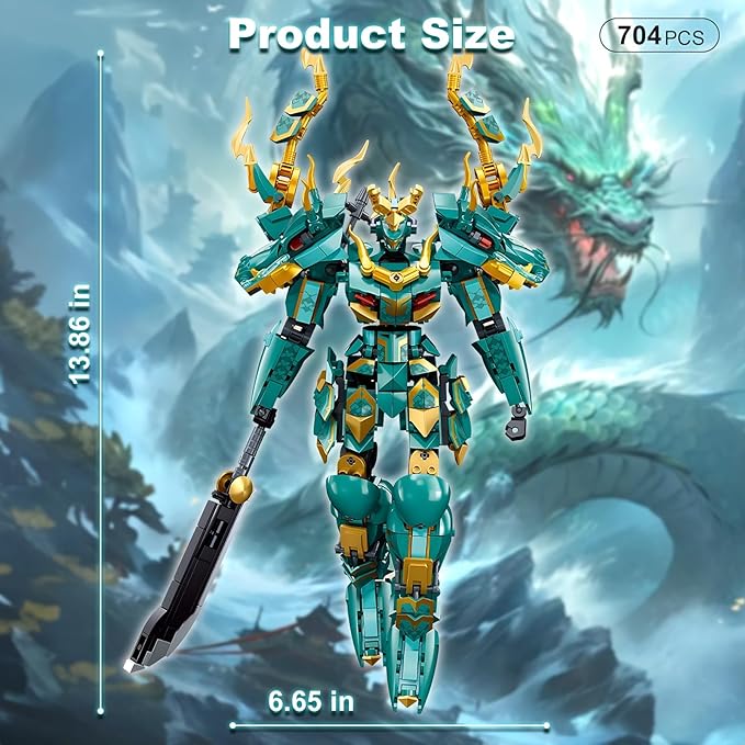 Mech Robot Building Blocks Set for Adults, Cool Green Dragon Warrior Model Kit with Long Spear Toy Playset, 704 pcs Collectible Mythical Ninja Gifts for Teens Boys Ages 12+