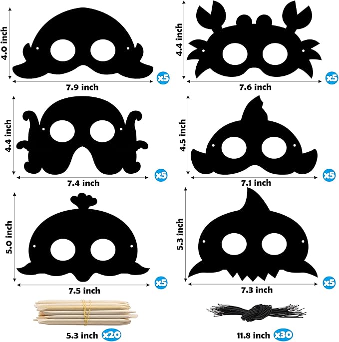 WATINC 30pcs Ocean Animals Scratch Masks for Kids, 6 Styles Summer Paper Scratch Off Art Magic Craft Party Favors Kit, DIY Under The Sea Project for School Classroom Activity Birthday Party