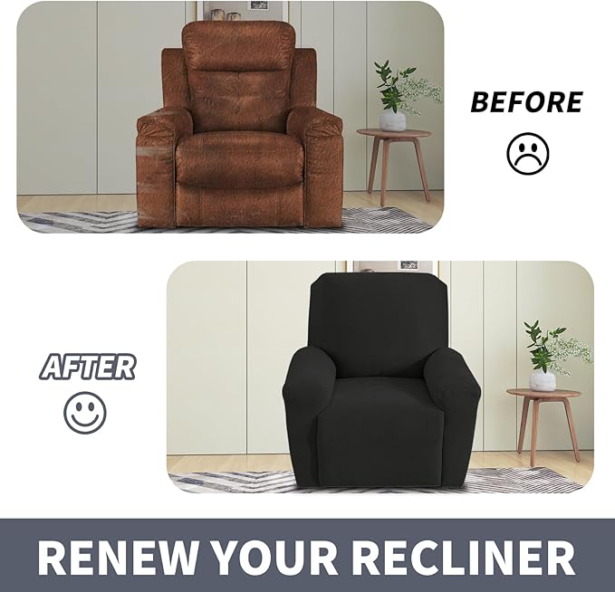 JIVINER Recliner Chair Covers, Jacquard 3 Piece Slipcovers for Recliner Chair Soft Stretch Lazy Boy 1 Seater Reclining Protector with Pockets (Recliner, Black)