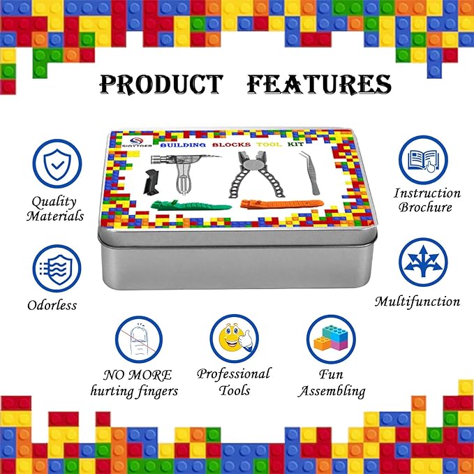 Building Blocks Tool Kit Brick Separator Tools Compatible with Lego &Technic Mini Blocks Tool Set Multi-Functional Hammer Pliers Tweezers Finger Protectors with Tin Box (Blue)