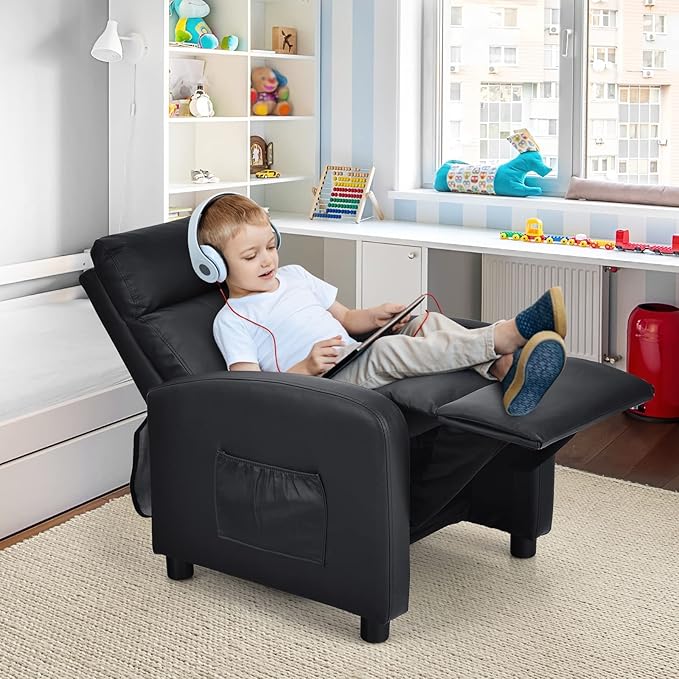 Costzon Kids Recliner, Adjustable PU Leather Lounge Chair with Side Pockets, Footrest, Headrest for Kids Aged 3-12, Black