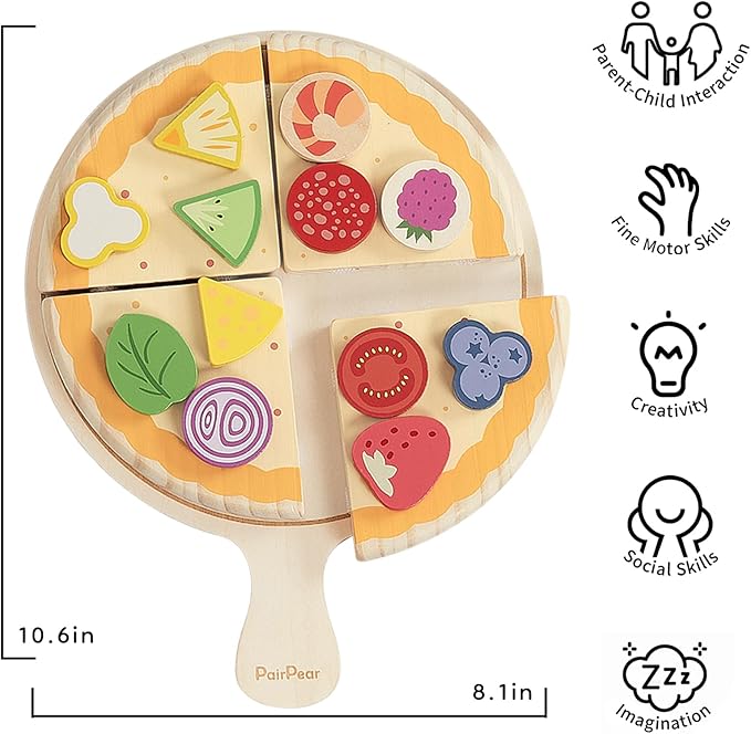 PairPear Wooden Pizza Toy Cutting Play Food Set, Kids Pretend Play Kitchen Accessories, Wooden Kids Kitchen Playset, Pizza Making Toy Set Cooking Gifts for Boys Girls Age 3+