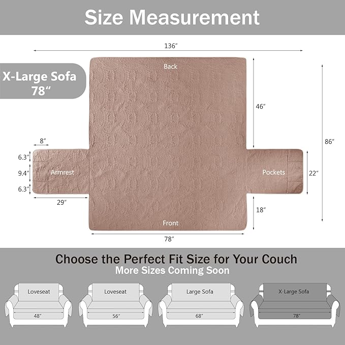 Soft Quilted Pink Couch Cover Waterproof for Extra-Large Sofa, Anti-Slip Sofa Covers for Dogs Washable, Pet Friendly Oversized Sofa Cover with Storage Pockets (X-Large Sofa 78", Pink)