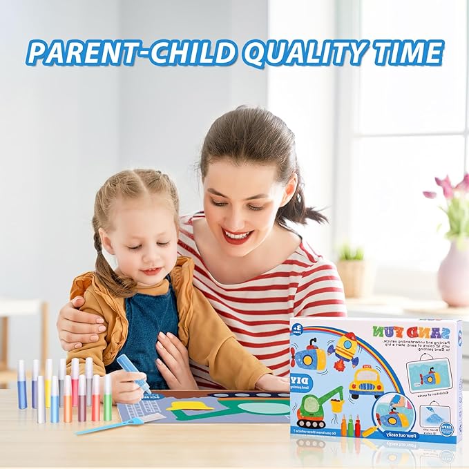 Colorful Sand Art Kit Crafts for Kids Ages 4-8- 12 Colored Sands, 16 Vehicles Sand Art Pictures - DIY Crafts Set for Girls and Boys，Arts and Crafts for Kids Ages 8-12