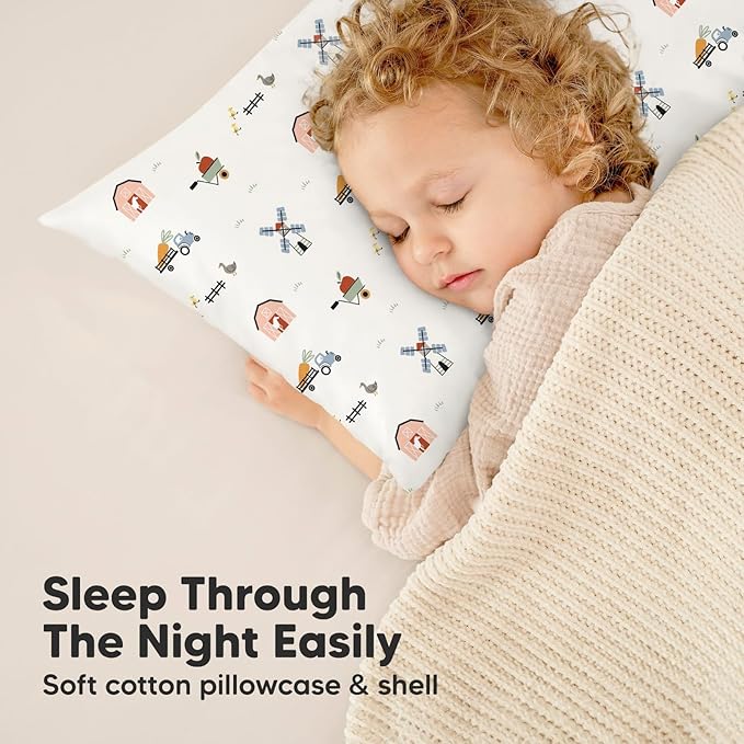 Toddler Pillow with Pillowcase - 13x18 My Little Dreamy Pillow, Organic Cotton Toddler Pillows for Sleeping, Kids Pillow, Travel Pillows, Mini Pillow, Nursery Pillow, Toddler Bed Pillow (Barn)