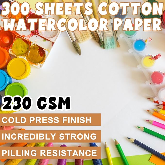 TaoBary 300 Pcs Watercolor Paper Sheet Bulk White Cold Press Paper Pack 110 lb 230 GSM Sketch Painting Watercolor Pad for Watercolorist Beginning Artists Adults Drawing Craft(11 x 15 Inch)
