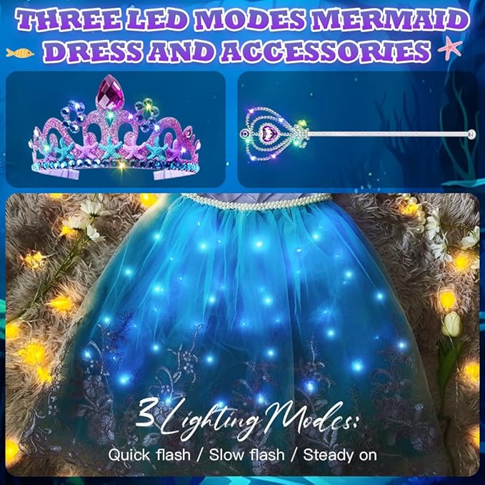 TOLOYE Princess Dresses for Girls, Light Up Mermaid Unicorn Costume Dress with Accessories for Halloween Carnival Cosplay