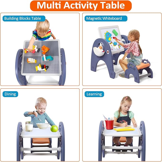 Easel for Kids, Art Easel with Magnetic Painting Board & Building Blocks, 2 in 1 Kids Table & Chair Set, Children Convertible Activity Table Set for Drawing Reading Art Playroom